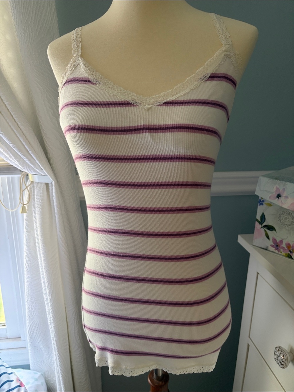 Women's Lace-Trim Striped Cami Tank Top - White & Purple